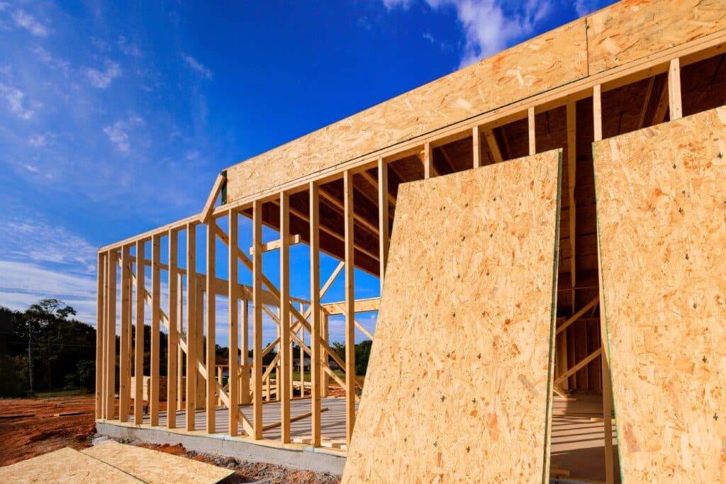 New,House,Construction,Shows,Wooden,Beams,Framework,Plywood,Under,Works